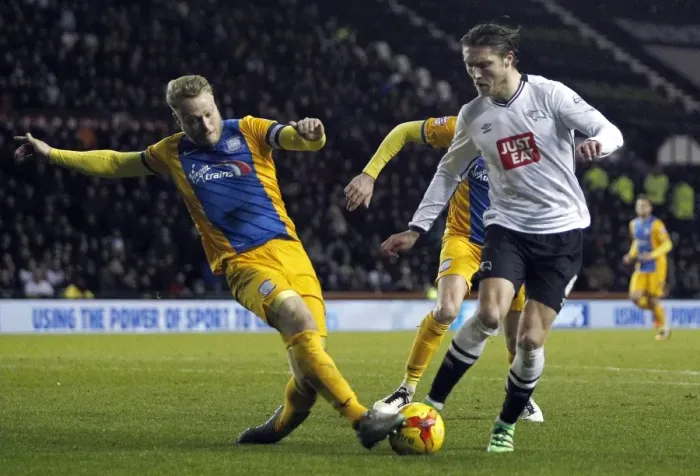 Framed Print : Championship Showdown: Hendrick vs. Clarke Clash Between Derby County and Preston North End Framed Print : Championship Showdown: Hendrick vs. Clarke Clash Between Derby County and Preston North End