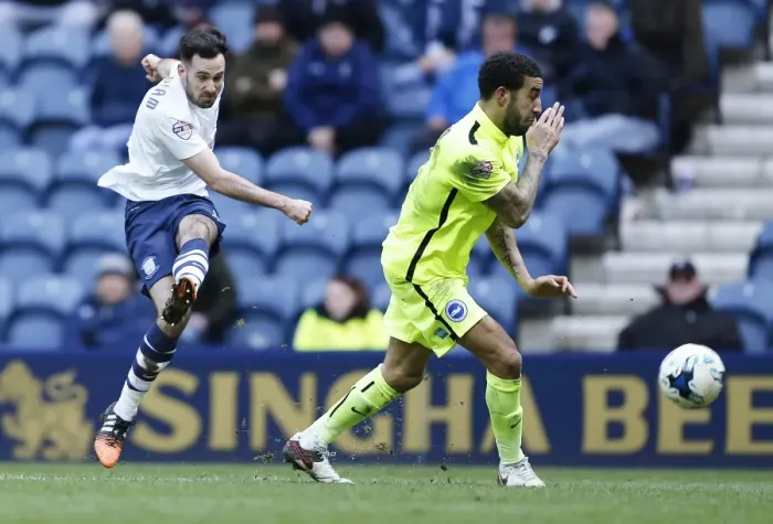 Framed Print : Greg Cunningham vs Anthony Knockaert: Clash between Preston North End and Brighton & Hove Albion in Sky Bet Championship