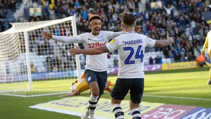 Framed Print : PNE Victory: Robinson and Maguire's Euphoric Home Kit Celebration vs Wigan Athletic (October 6, 2018) Framed Print : PNE Victory: Robinson and Maguire's Euphoric Home Kit Celebration vs Wigan Athletic (October 6, 2018)